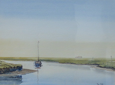 Tony Slater, estuary landscape with a boat, watercolour, framed