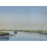 Tony Slater, estuary landscape with a boat, watercolour, framed