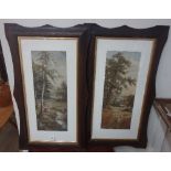 A pair of landscape prints with figures and sheep, framed