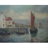 F.E. Pease, harbour landscape with boats, oil on canvas, framed