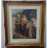 A print of children in a fishing boat, framed