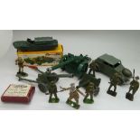 Die cast vehicles and figures including Britains, a Dinky Toys Volkswagen KDF and a plastic Airfix
