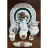 A Wood & Sons hunting plate, five items of crested china, a Royal Doulton figure, Wisdom, HN4083