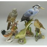 Five bird figures, Maruri cuckoo, nightingale and heron, an Aynsley yellow wagtail and a Goebel