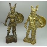 A pair of brass model figures of Vikings, height 23cm