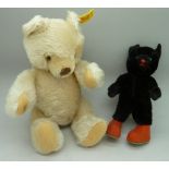 A Steiff Teddy bear and a Kersa soft toy cat, height of cat 15.5cm