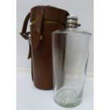 A leather cased glass flask, James Dixon and Sons, with trumpet mark, height of bottle 21cm