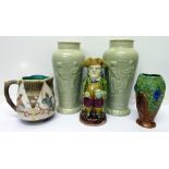 A majolica Toby jug, A Bretby vase, two matching green Bretby vases, one a/f, and a Wedgwood