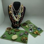 Necklaces on a stand and assorted brooches