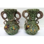 A pair of majolica vases with snake handles, a/f, height 18cm