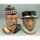 Two Royal Doulton character jugs, Beefeater, second and a William Grant whisky decanter, lacking