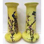 A pair of yellow Bretby vases with lustre bird decoration, 2212, height 28cm