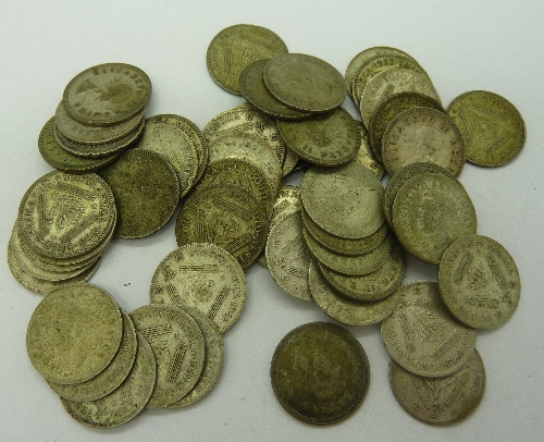 Fifty 3d coins, weight 67.3g, 1920's to 1950's