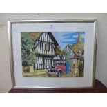 R.A.B., town scene, gouache, framed