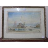 Manner of George Chambers Jnr., landscape with fishing vessels moored on a beach, watercolour,