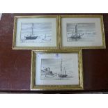 M. Hutchings, set of three harbour scenes, pen and wash, framed