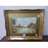 R. Murray, landscape with a cottage and figures on a country lane, watercolour, framed
