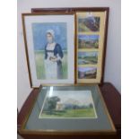 Two watercolours, landscape and a portrait and two railway prints