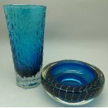 A Whitefriars kingfisher blue textured vase, pattern 9831, height 17.5cm and a Whitefriars blue