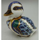A Royal Crown Derby paperweight, sitting duckling, with gold stopper, boxed