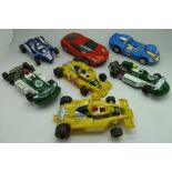 Six Scalextric racing cars and Hornby Ferrari F430