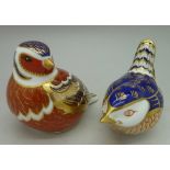 Two Royal Crown Derby paperweights, with gold stoppers, Chaffinch and Wren