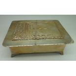 A silver plate on copper cigarette box, lid a/f, width 18cm