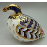 A Royal Crown Derby paperweight, Red-Legged Partridge, with gold stopper, boxed