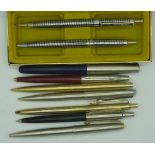 A collection of pens, six biros, one Parker ink pen and a boxed set