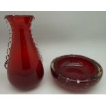 A Whitefriars ruby red flanged vase, pattern 9420 and a bubbled dish, height of vase 15.5cm