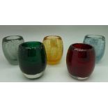 Five Whitefriars 1960's swollen cylinder bubble vases, pattern 9506, heights 7cm