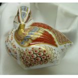 A Royal Crown Derby paperweight, teal duckling, with gold stopper, boxed