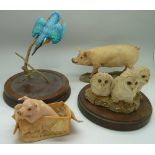 Four Border Fine Arts figures, Kingfisher, three owl chicks, an All Creatures Great and Small pig