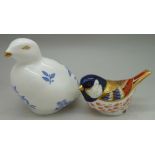 Two Royal Crown Derby paperweights, Coal Tit, with gold stopper and Imari Blue Partridge, boxed
