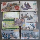 Nine model kits, German infantry and diorama accessories, ESCI and Airfix