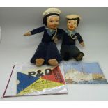 Two Norah Wellings sailor dolls, one with S.S. Strathaird cap, also a S.S. Strathaird postcard and