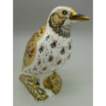 A Royal Crown Derby paperweight, Song Thrush, with gold stopper, boxed