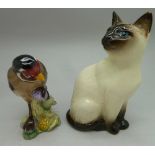 A Beswick cat and goldfinch, 2273, chip to ear of cat