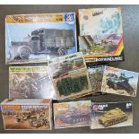 Ten military vehicles and soldiers model kits including Matchbox, Airfix and Italeri