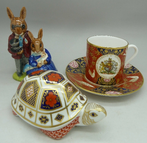 A Royal Doulton Bunnykins figure, Family Photograph, a Royal Crown Derby paperweight, turtle and a