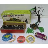 An Airfix model tank, plastic trees, badges and die-cast cars, etc.