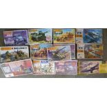 Nine Matchbox military model kits, a Revell model kit and two Hasegawa model kits