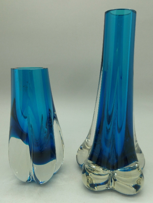 Two 1970's Whitefriars vases in kingfisher blue, one lobed vase pattern no.
