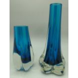 Two 1970's Whitefriars vases in kingfisher blue, one lobed vase pattern no.
