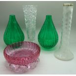 A silver rimmed glass vase and other glassware including a cranberry bowl
