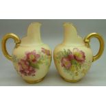 A pair of Royal Worcester blush ivory and gilded jugs, one with chip to rim, 1094, height 10.