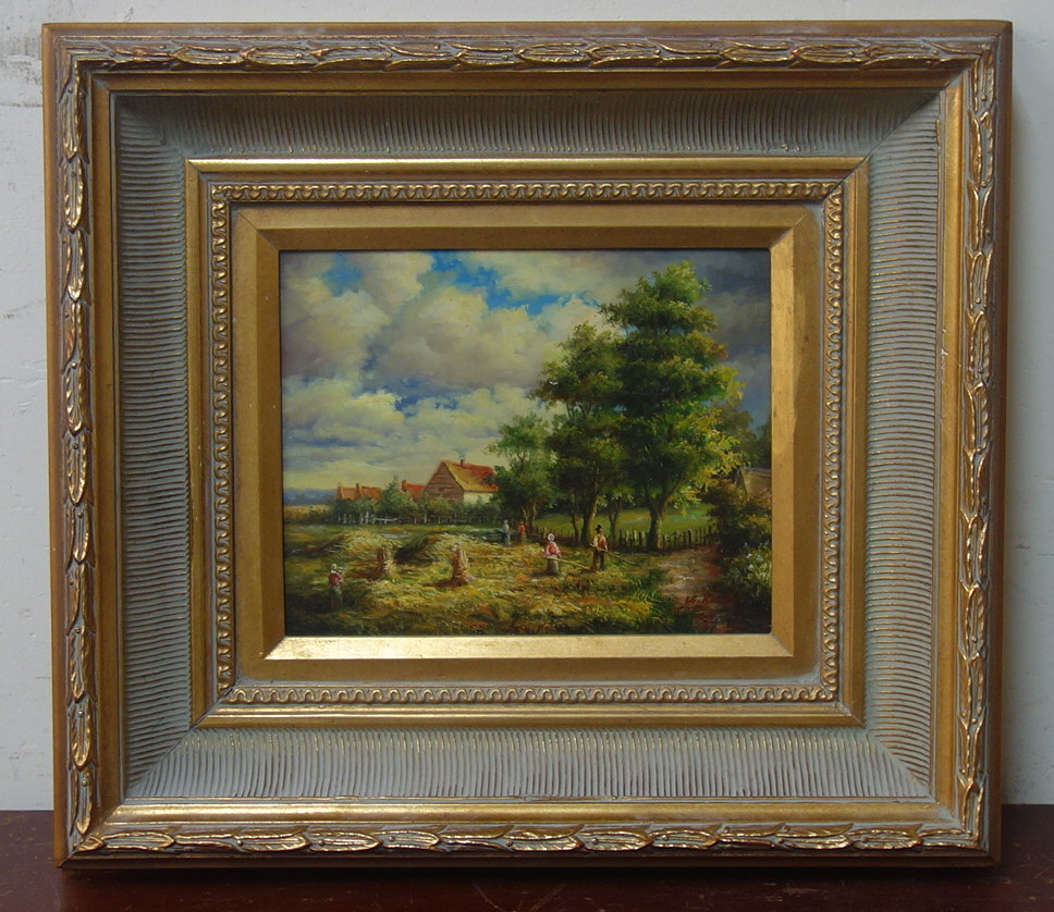 A landscape with figures in a field harvesting, oil on panel,