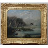 19th Century English School, duck shooting landscape, oil on canvas,