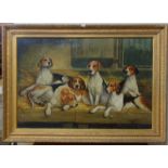 Manner of John Emms (1843-1912), six fox hounds in a barn, oil on canvas, signed lower left,
