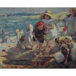 Manner of Dame Laura Knight, beach scene, oil on canvas,